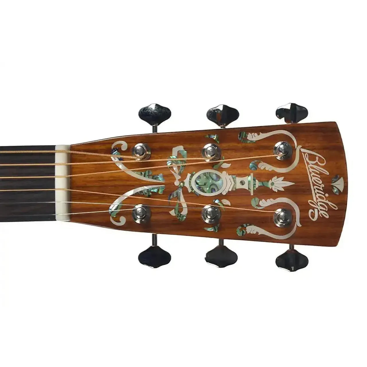 Blueridge BR-143CE acoustic guitar headstock with intricate abalone and mother-of-pearl inlays.