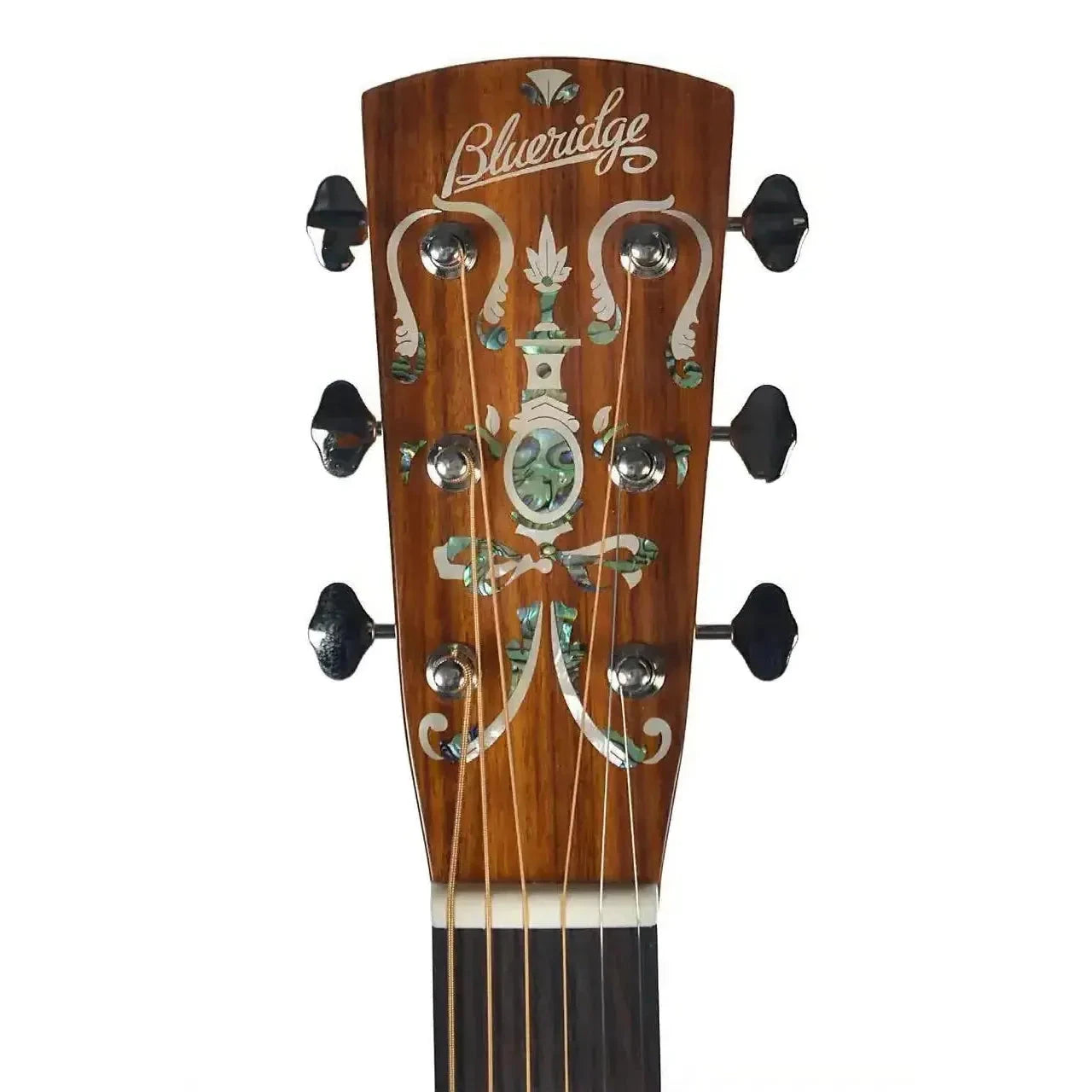 Blueridge BR-143CE acoustic guitar headstock with intricate abalone and mother-of-pearl inlays.