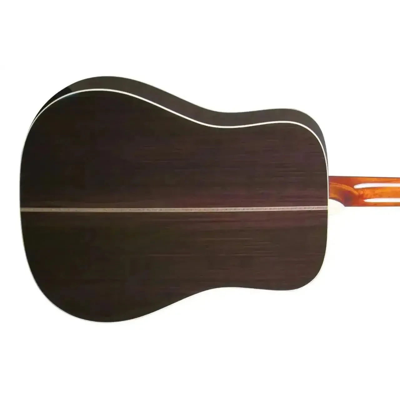 Back of a Blueridge BR-160AE dreadnought acoustic-electric guitar with dark East Indian rosewood.