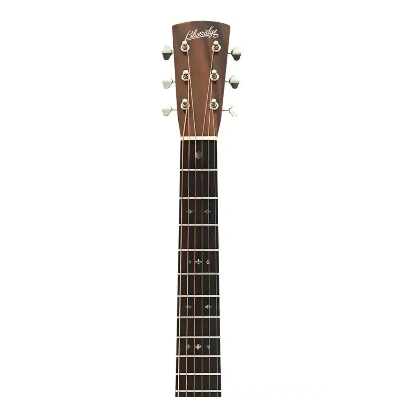 Blueridge BR-160AE acoustic-electric dreadnought guitar headstock and neck with abalone inlays.