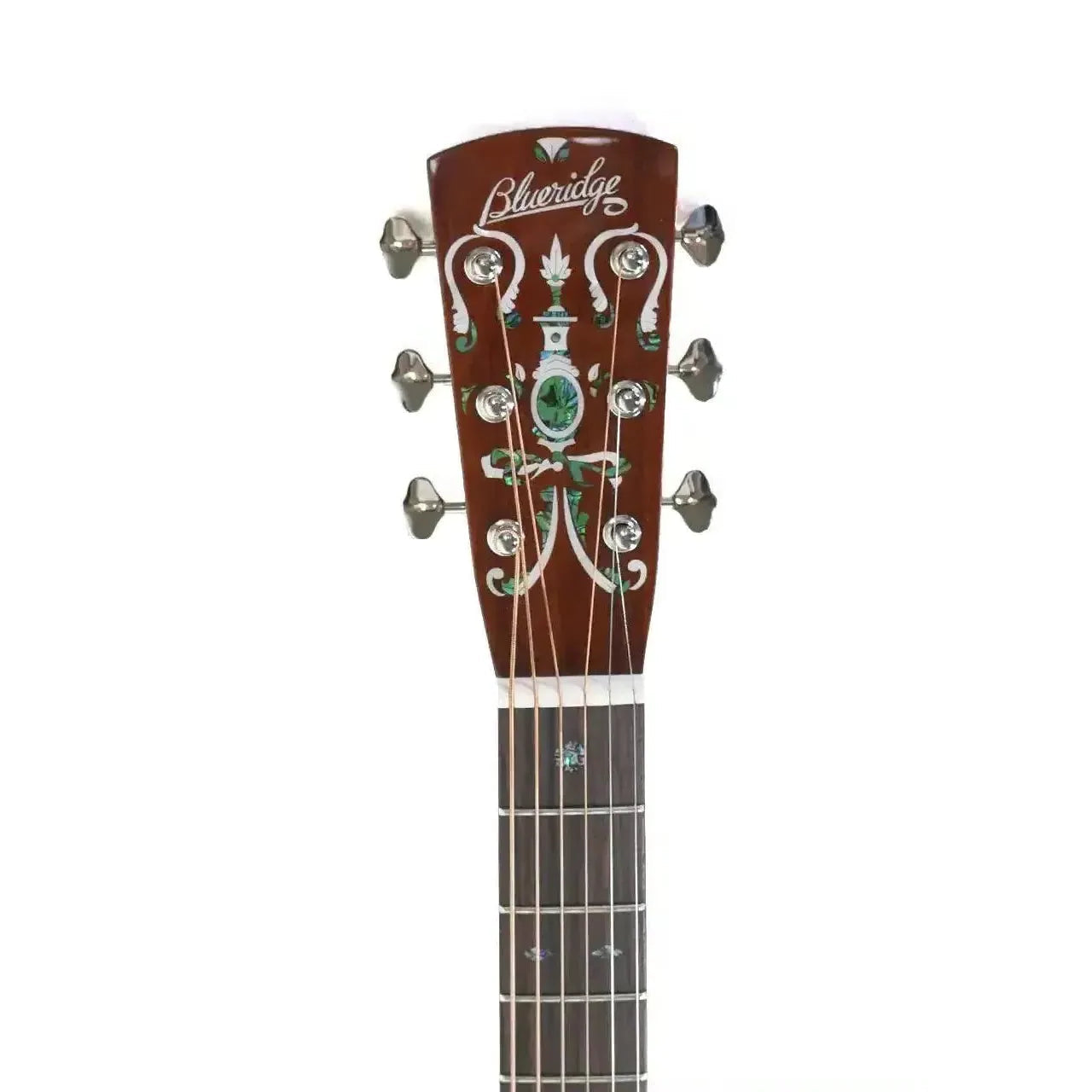 Blueridge BR-163 Historic Series acoustic guitar headstock with ornate abalone inlay and nickel tuners.