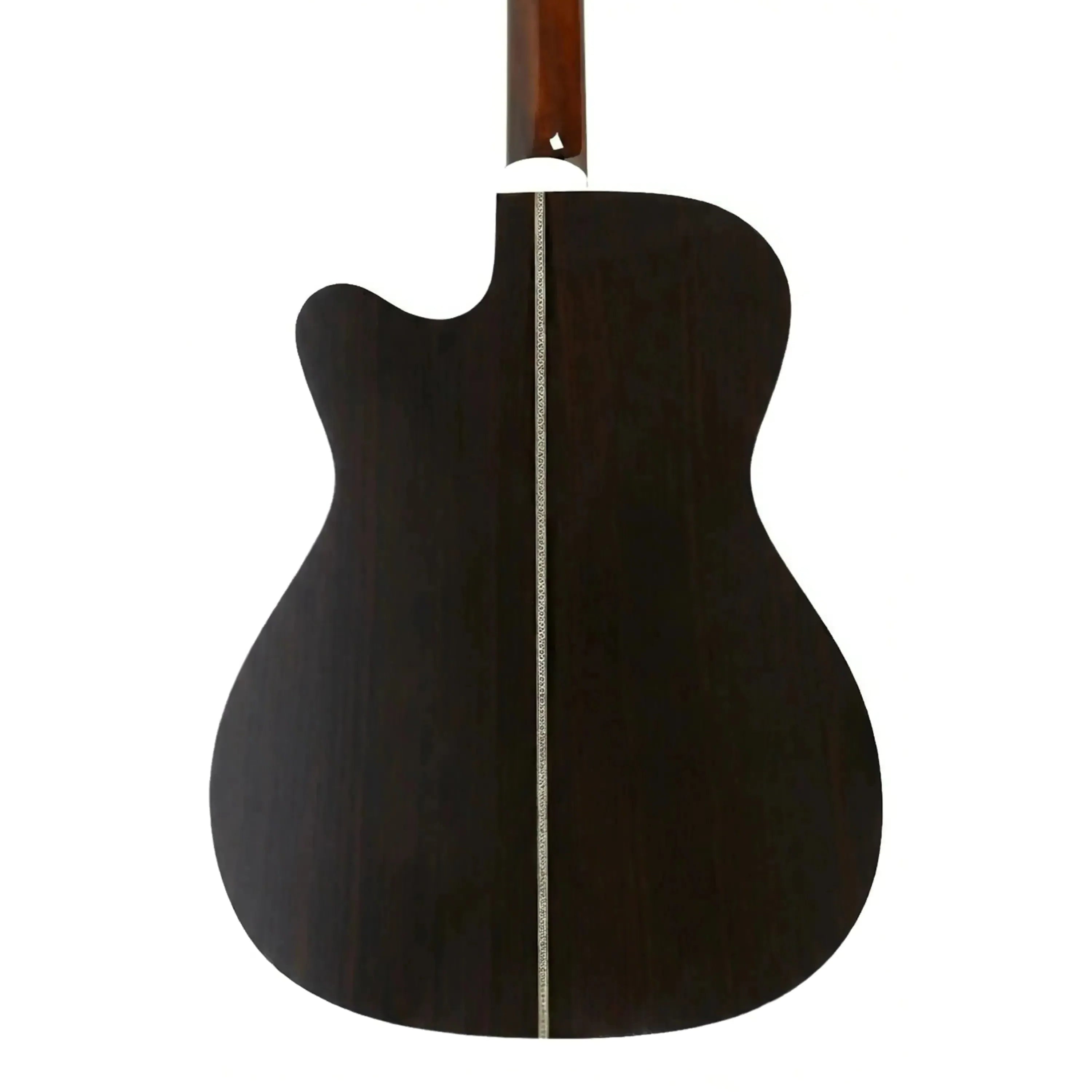 Back of a Blueridge BR-163CE 000 acoustic-electric guitar with dark East Indian rosewood and cutaway.