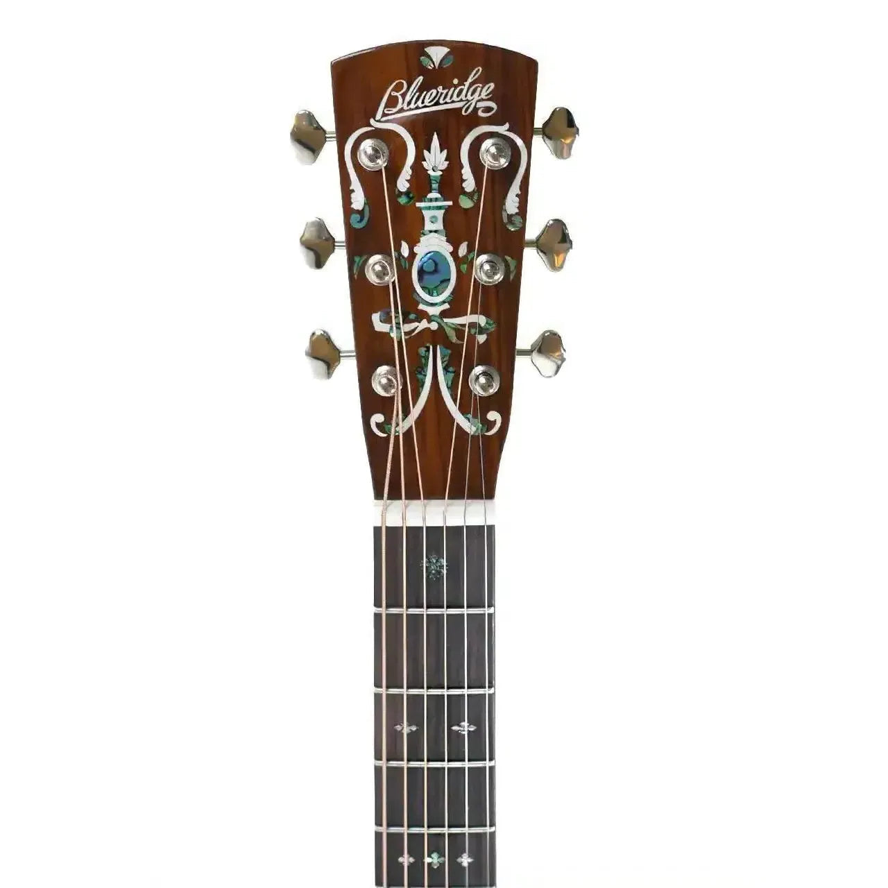 Blueridge BR-163CE acoustic-electric guitar headstock with ornate mother-of-pearl inlay and tuning pegs.