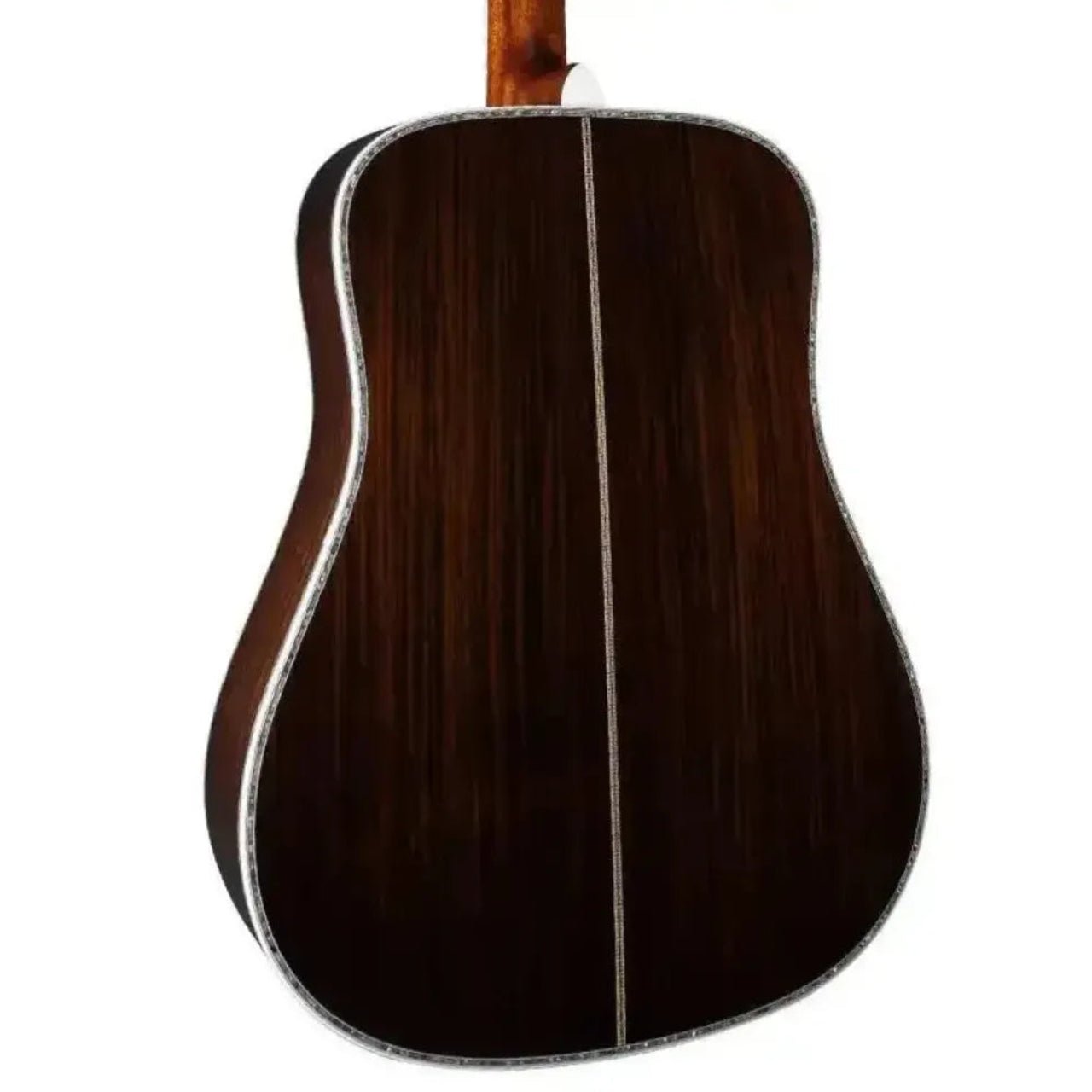 Back of a Blueridge BR-180E dreadnought acoustic-electric guitar with dark rosewood and abalone purfling.