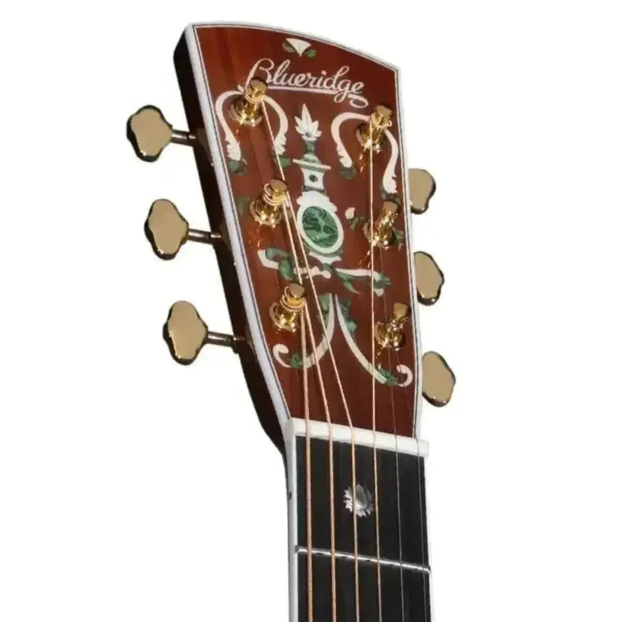 Blueridge BR-180E dreadnought acoustic-electric guitar headstock with ornate abalone and mother-of-pearl inlays.
