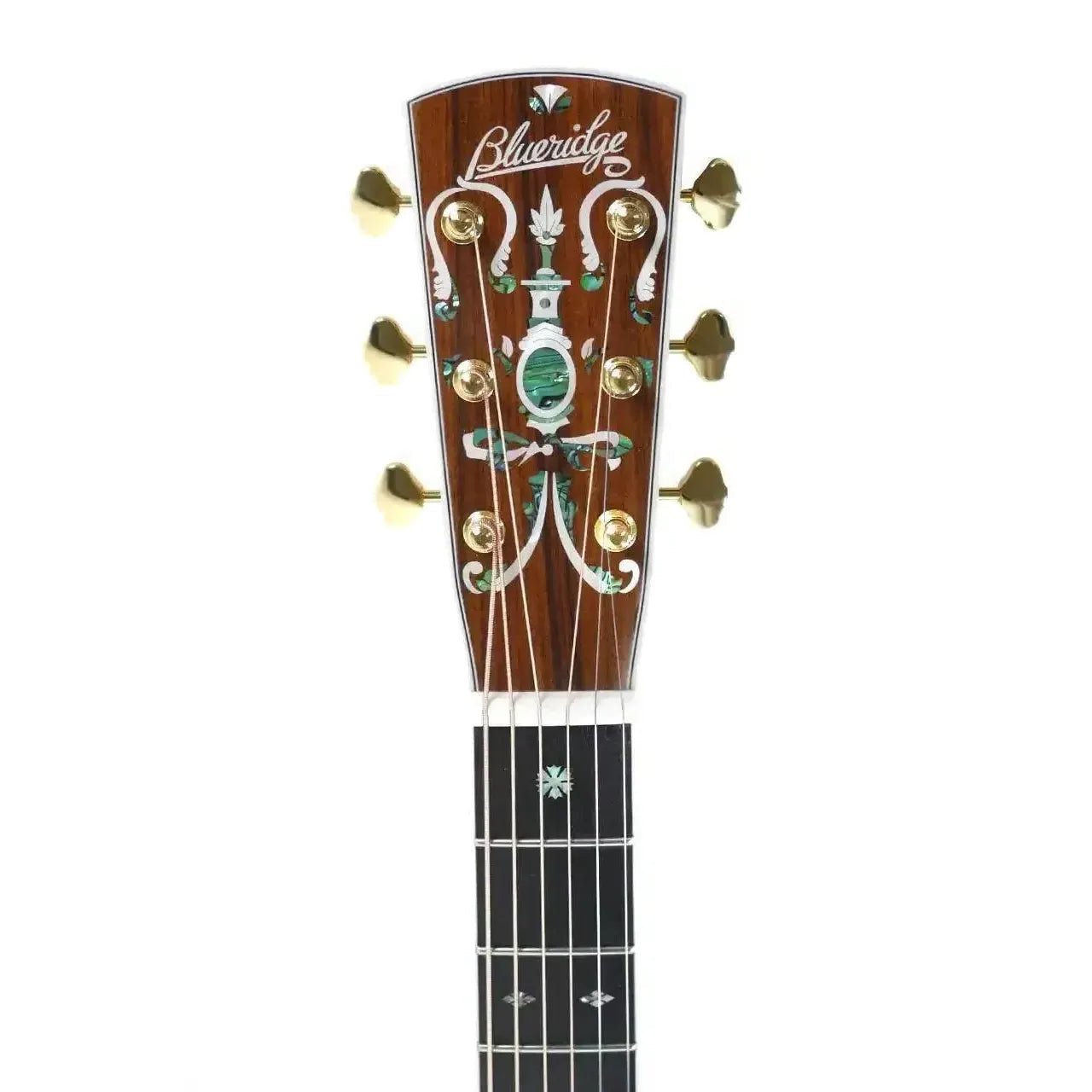 Blueridge BR-183 acoustic guitar headstock with ornate abalone inlay, gold tuners, and ebony fretboard.