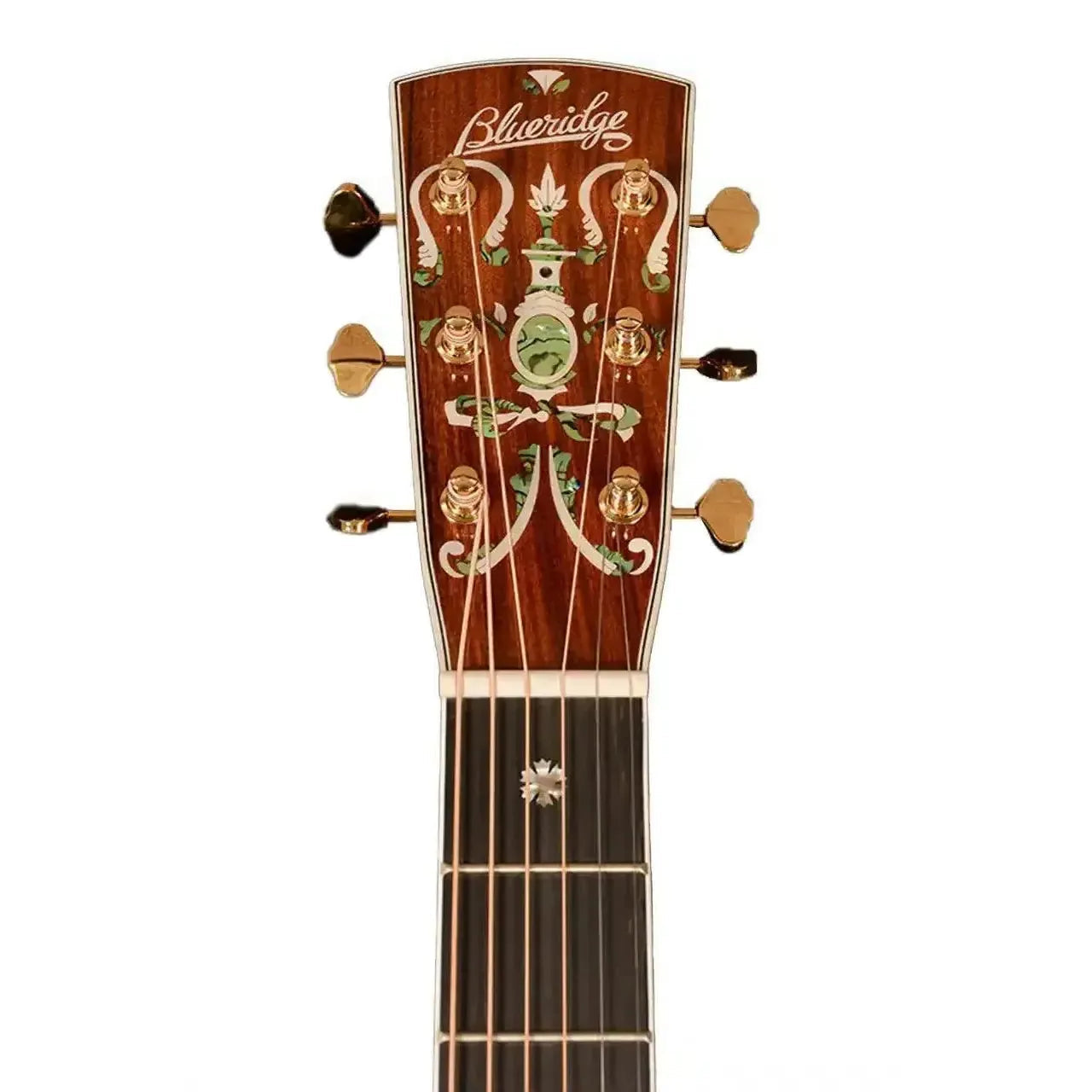 Blueridge BR-183CE acoustic guitar headstock with ornate abalone and mother-of-pearl inlay, gold tuners.