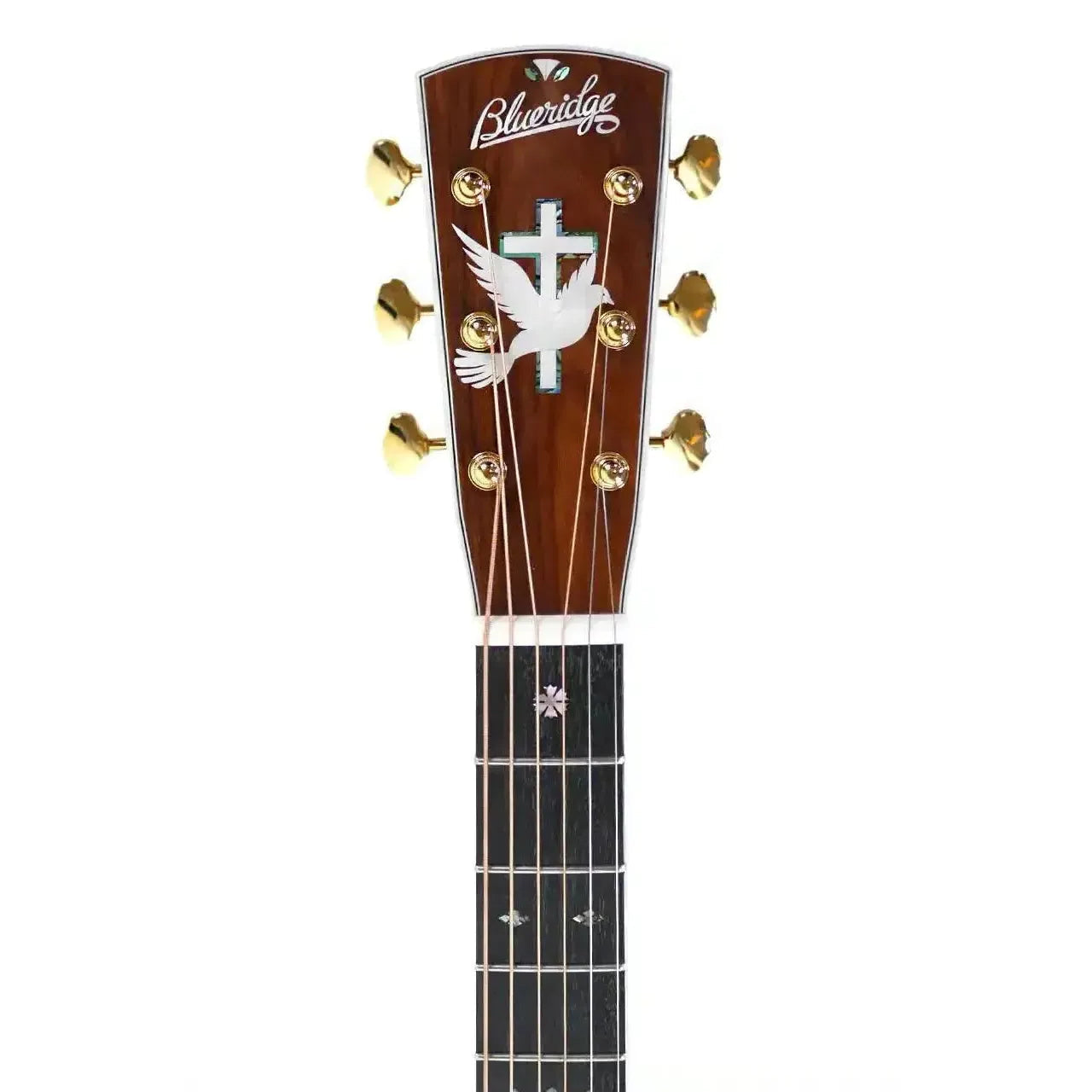 Blueridge BR-183JM acoustic guitar headstock with gold tuners, dove inlay, and ebony fretboard.