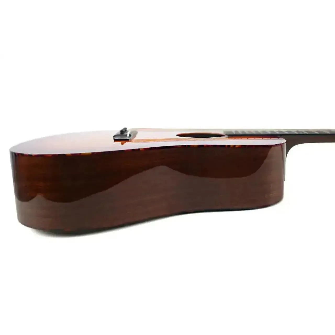 Blueridge BR-240 LTD 50th Anniversary sunburst dreadnought guitar, side view showing mahogany back and sides.