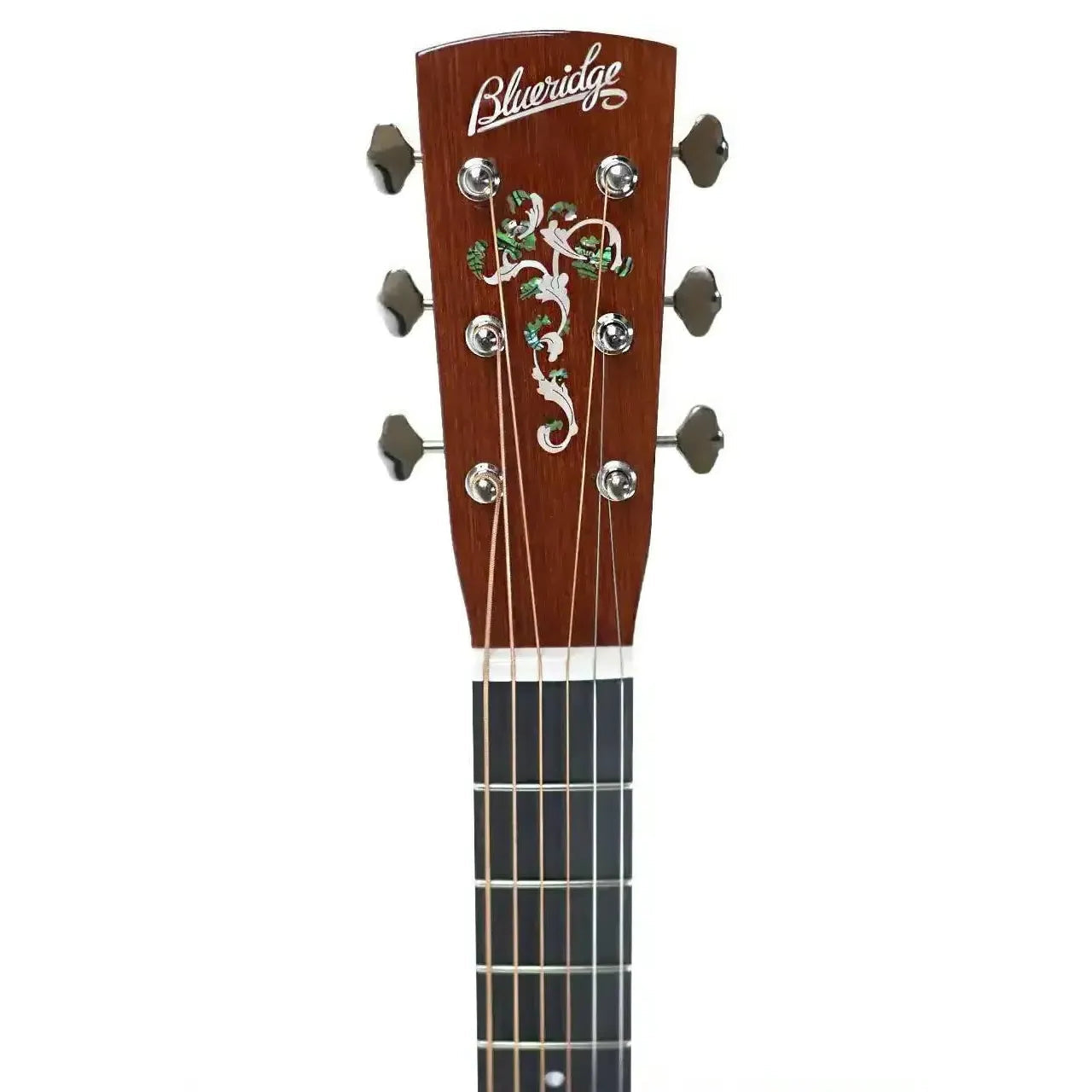 Blueridge BR-240 LTD dreadnought guitar headstock with sunburst finish and ornate inlay.