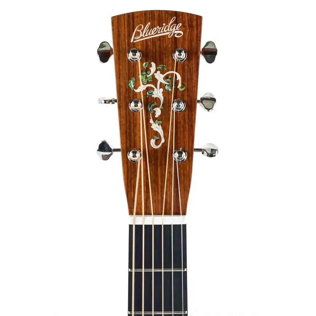 Blueridge BR-243E acoustic guitar headstock with ornate mother-of-pearl inlay and chrome tuners.