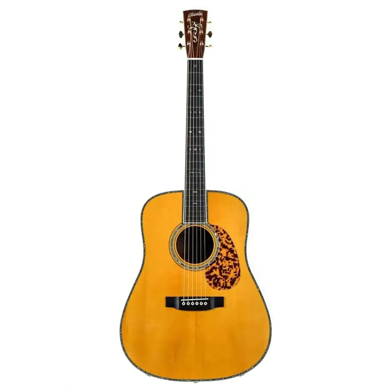 Blueridge BR-280E acoustic-electric dreadnought guitar with a natural finish, tortoise pickguard, and abalone inlays.