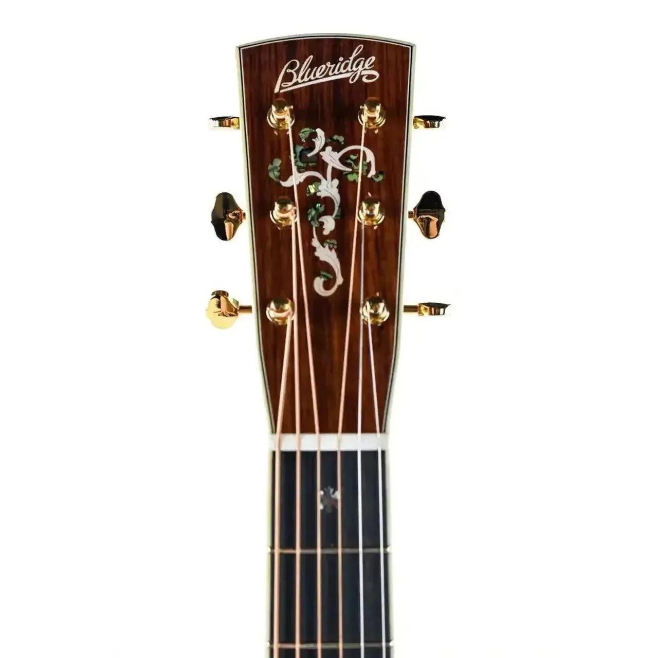 Blueridge BR-280E acoustic-electric guitar headstock with abalone and mother of pearl inlays, gold tuners.