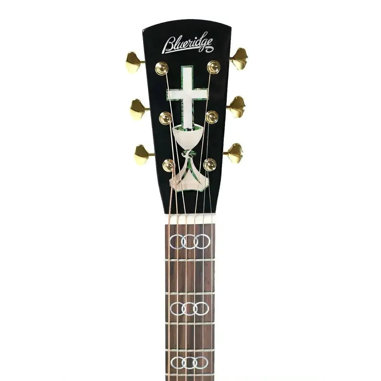 Blueridge BR-343E acoustic-electric guitar headstock with gold tuners and worship-themed inlay.