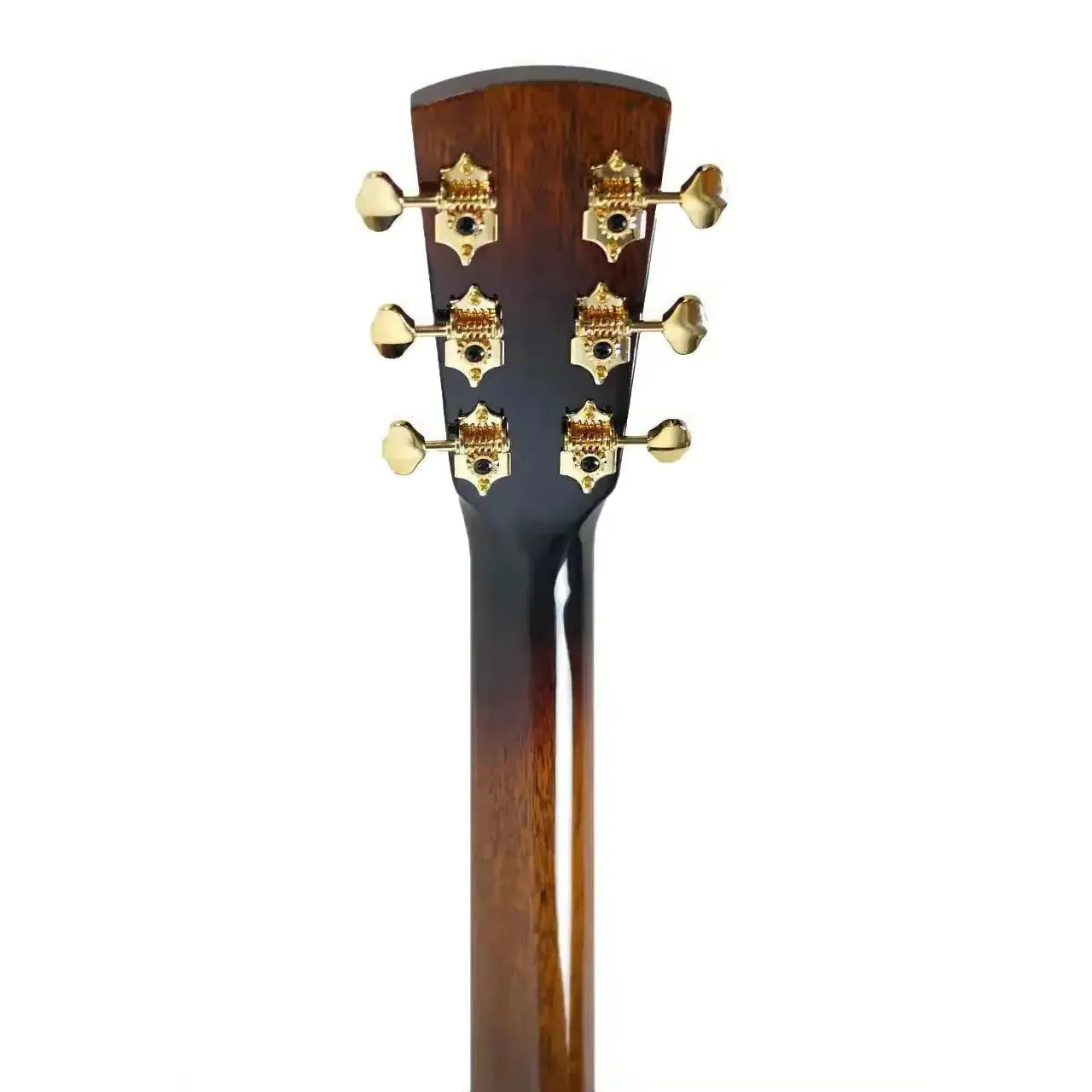 Blueridge BR-343E acoustic-electric guitar headstock with six gold tuning machines and dark wood finish.