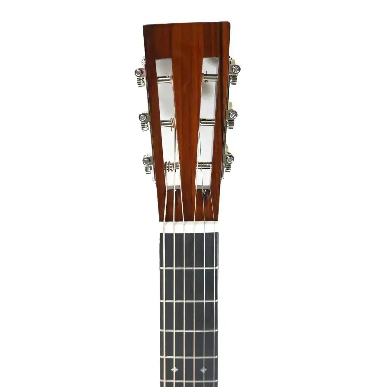 Blueridge BR-361E Historic Series acoustic-electric parlor guitar headstock with chrome tuners and ebony fretboard.