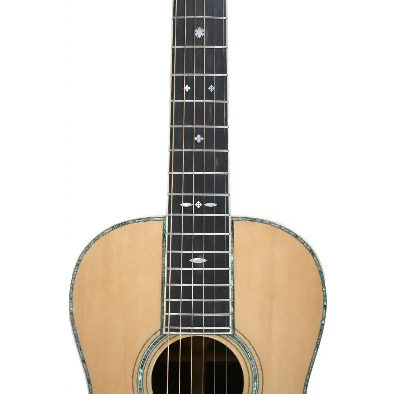 Blueridge BR-371E parlor acoustic-electric guitar body and ebony fretboard with abalone inlay.