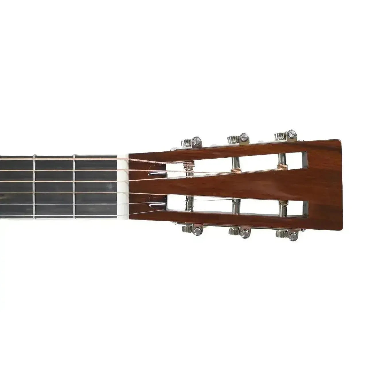 Blueridge BR-371E parlor guitar headstock and fretboard, dark wood with chrome tuners.