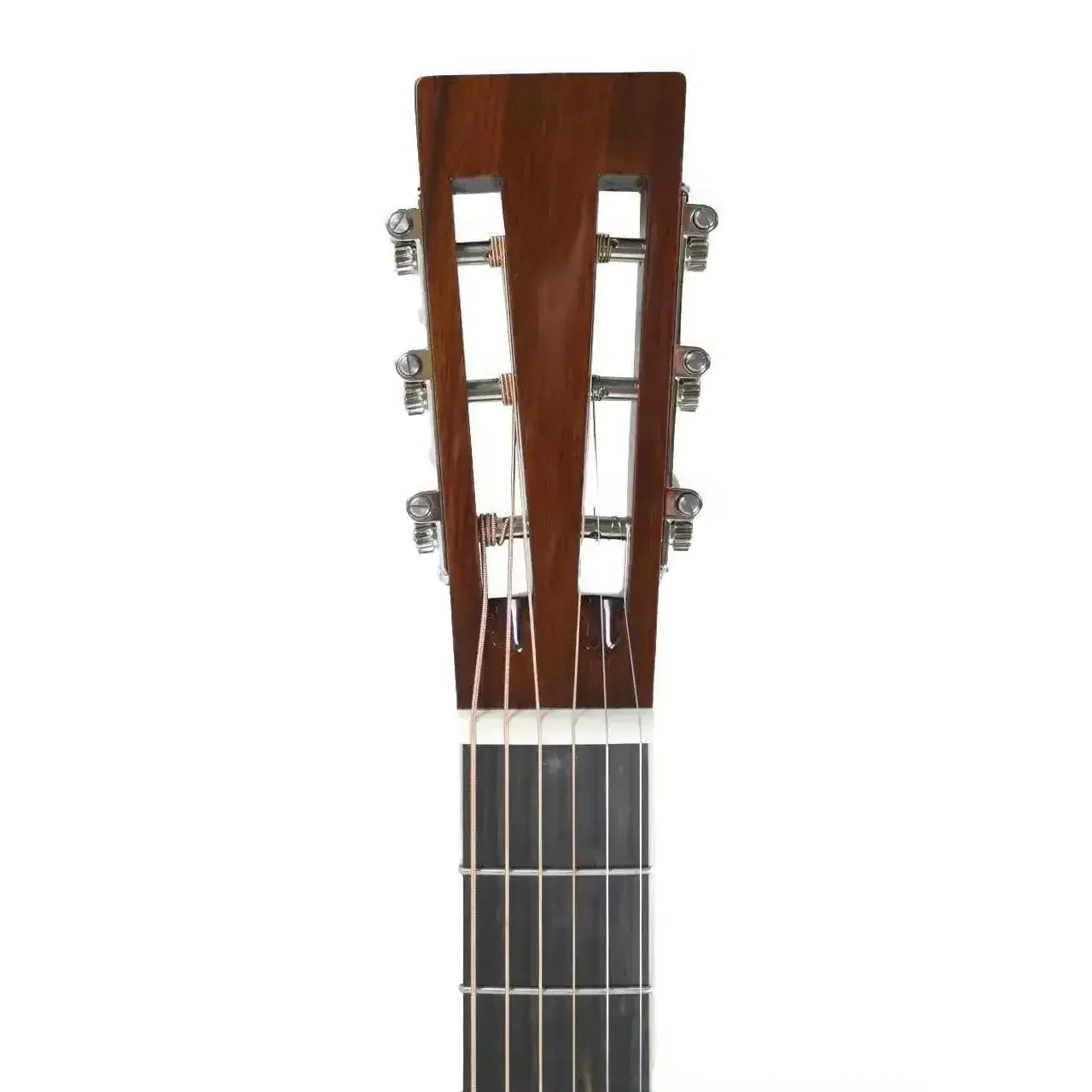 Blueridge BR-371E parlor guitar headstock and fretboard, dark wood with chrome tuners.