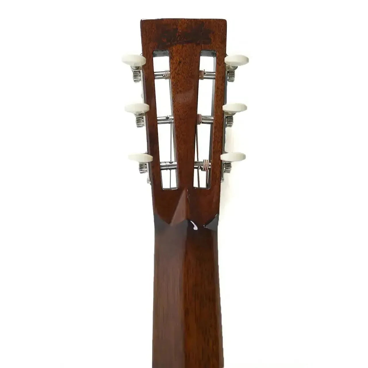 Blueridge BR-371E parlor guitar headstock with open-gear tuners and white buttons.