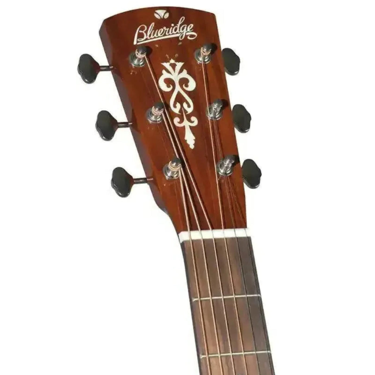 Blueridge BR-40E acoustic-electric dreadnought guitar headstock with mahogany finish and ornate inlay.