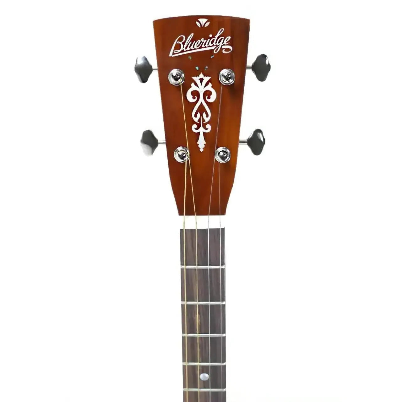 Blueridge BR-40T acoustic tenor guitar headstock with ornate white inlay, tuning pegs, and rosewood fretboard.