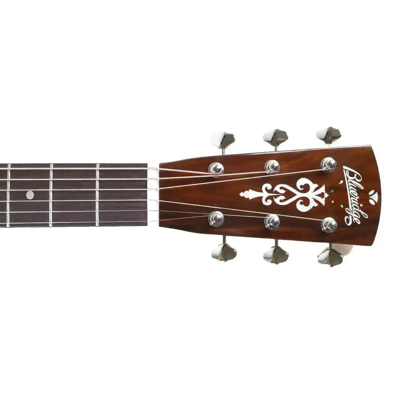 Blueridge BR-43 000 acoustic guitar headstock with carved mahogany, mother-of-pearl inlay, and tuners.