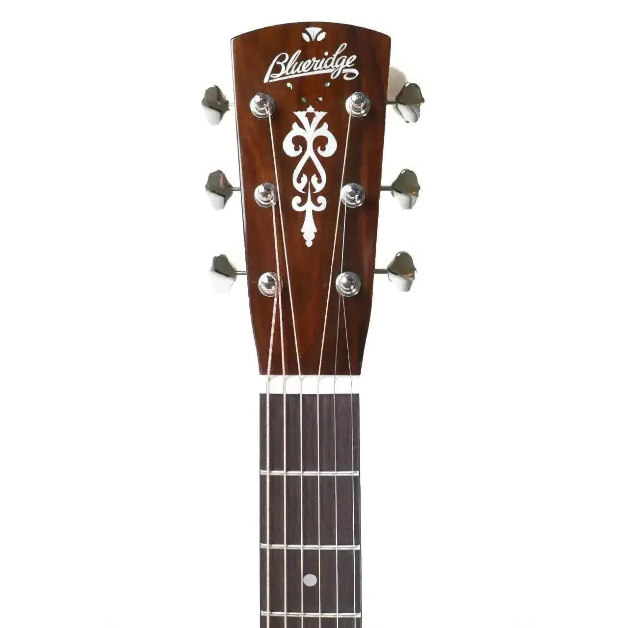 Blueridge BR-43 000 acoustic guitar headstock with carved mahogany, mother-of-pearl inlay, and tuners.