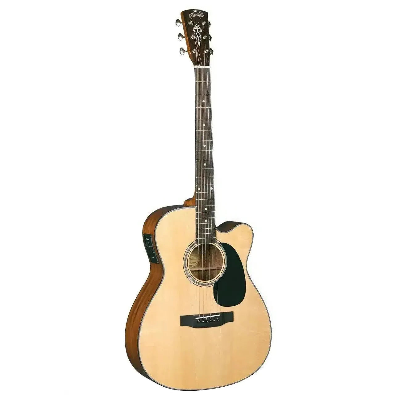 Blueridge BR-43CE 000 acoustic-electric guitar with natural spruce top, mahogany back, and Venetian cutaway.