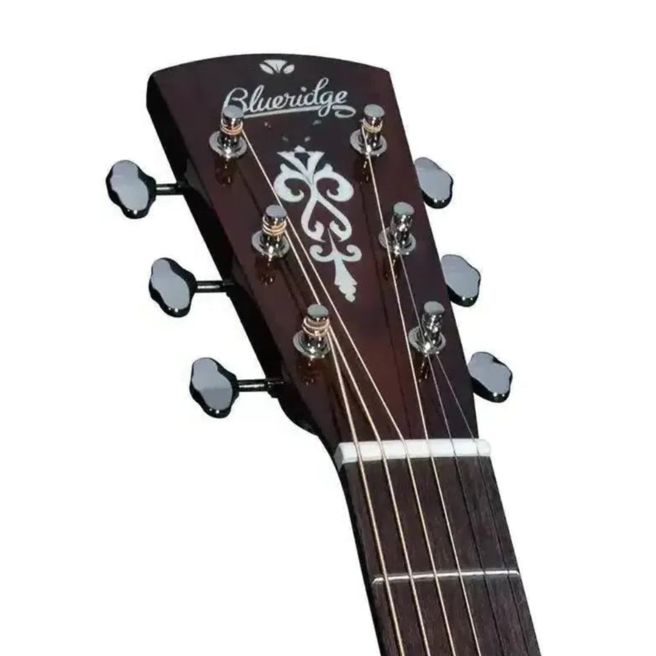 Blueridge BR-43CE 000 acoustic guitar headstock with mother-of-pearl inlay and tuning pegs.