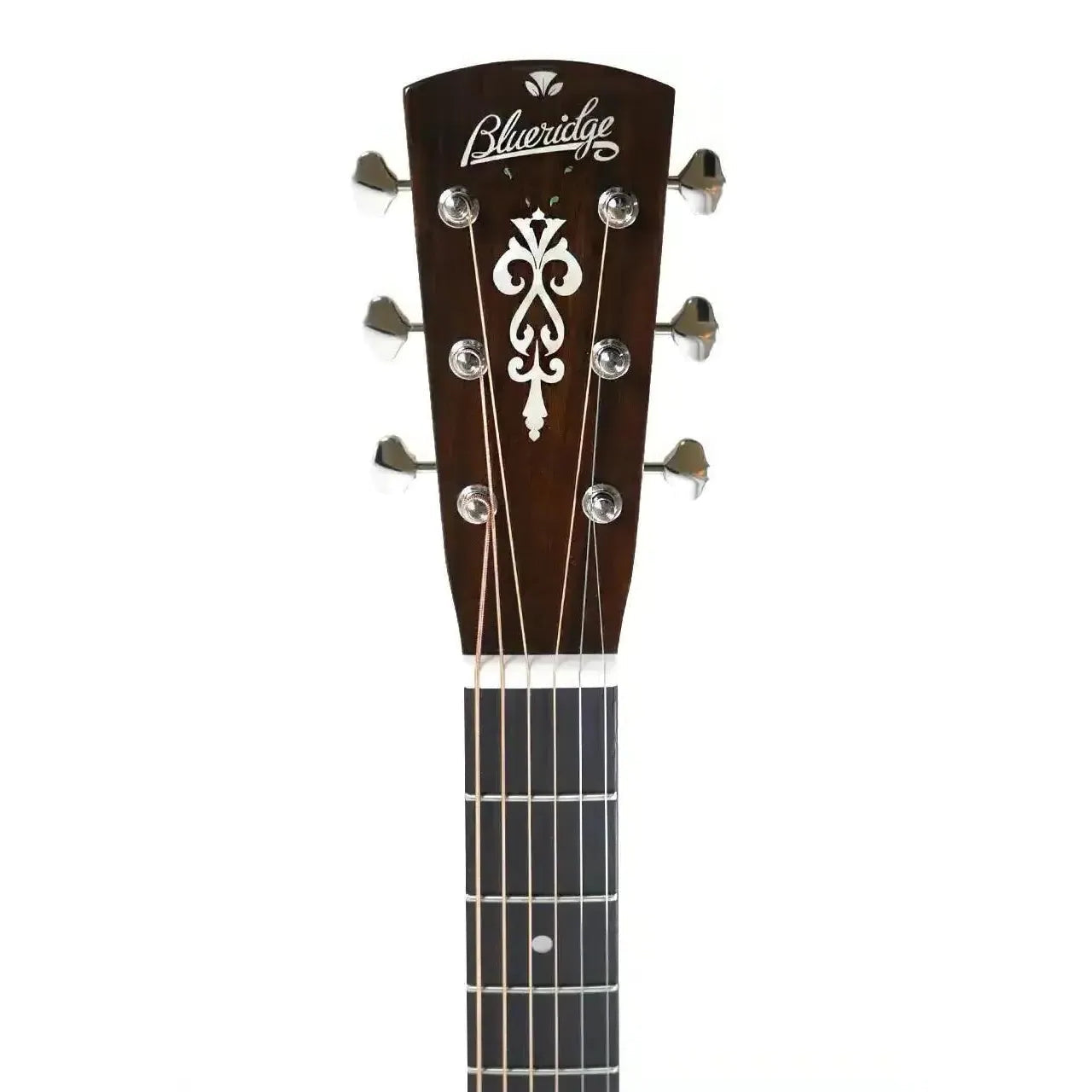 Blueridge BR-60E acoustic-electric dreadnought guitar headstock with dark wood, white logo, and tuning pegs.