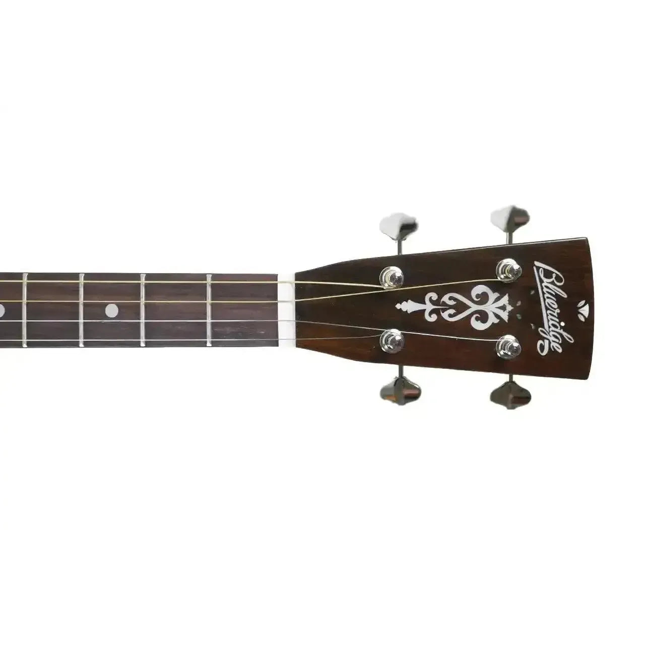 Blueridge BR-60TE tenor guitar headstock with dark wood, mother-of-pearl inlay, and chrome tuners.