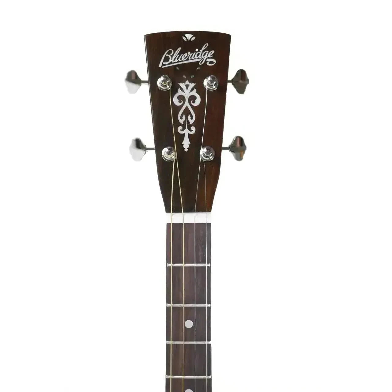 Blueridge BR-60TE tenor guitar headstock with dark wood, mother-of-pearl inlay, and chrome tuners.