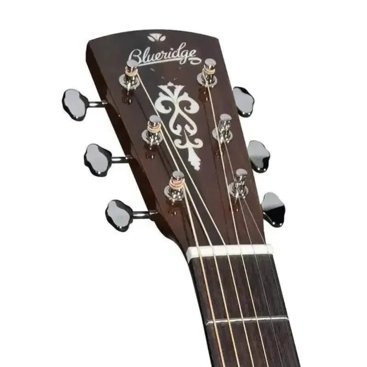 Blueridge BR-63 acoustic guitar headstock with natural high-gloss finish, mother-of-pearl inlay, and nickel tuners.