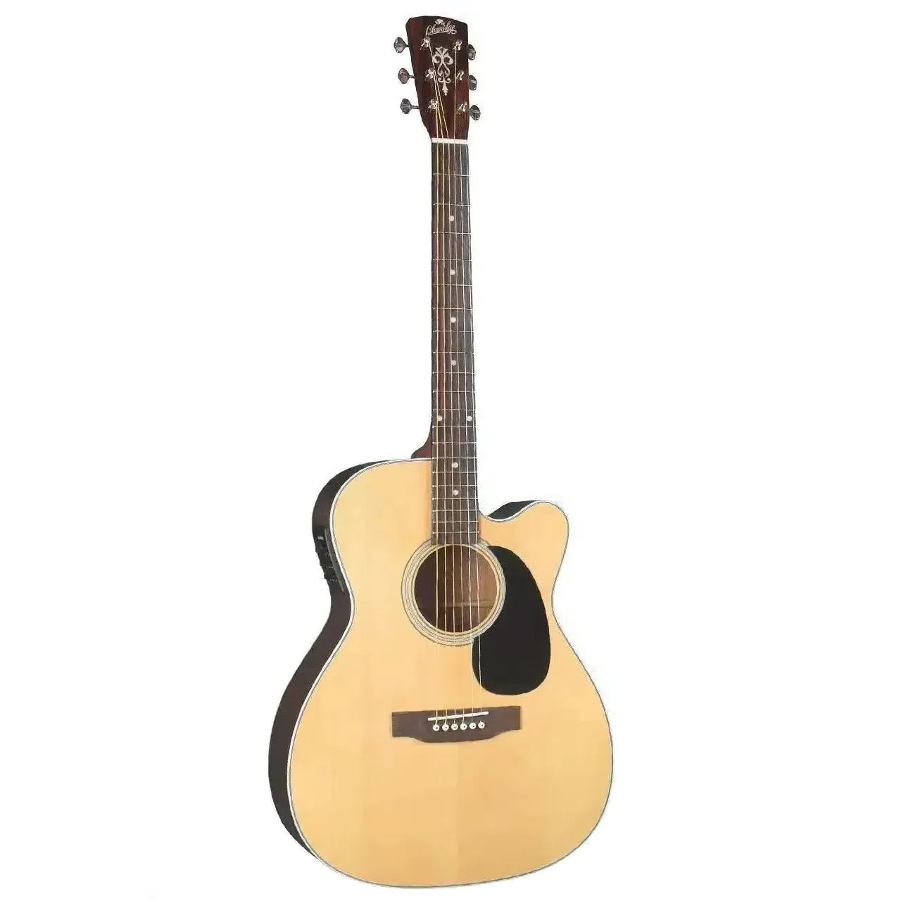 Blueridge BR-63CE 000 acoustic-electric guitar with natural finish, cutaway, and black pickguard.