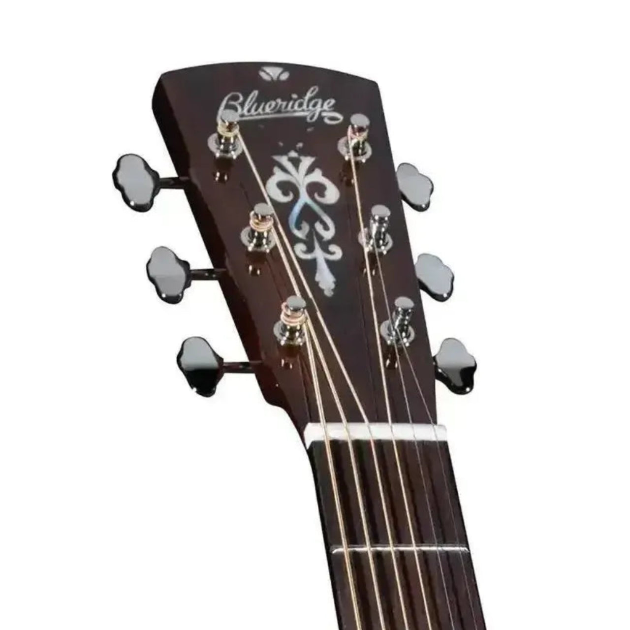 Blueridge BR-63CE acoustic electric guitar headstock with mother-of-pearl inlays and chrome tuners.