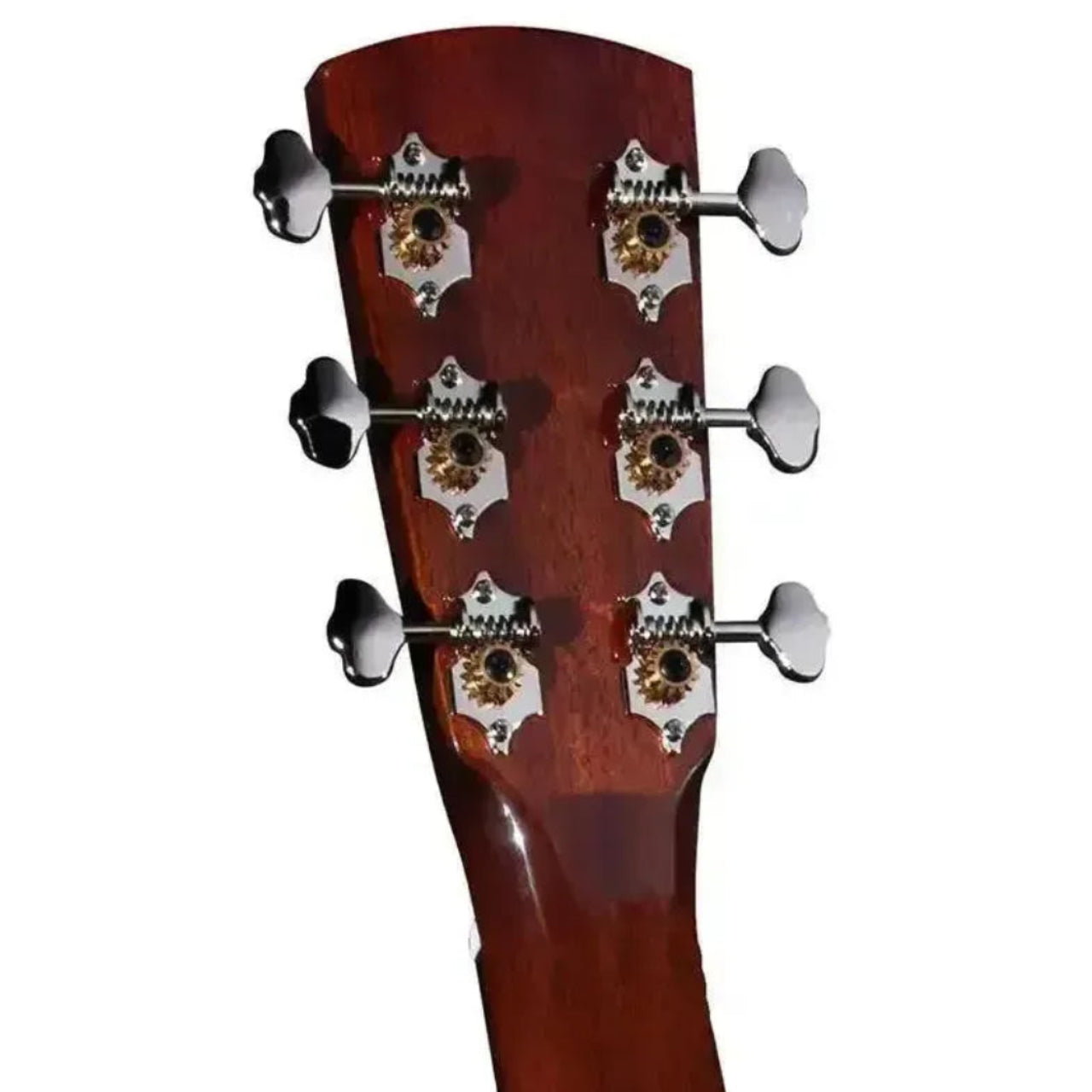 Blueridge BR-63CE acoustic electric guitar headstock with six chrome tuning machines and mother-of-pearl inlays.