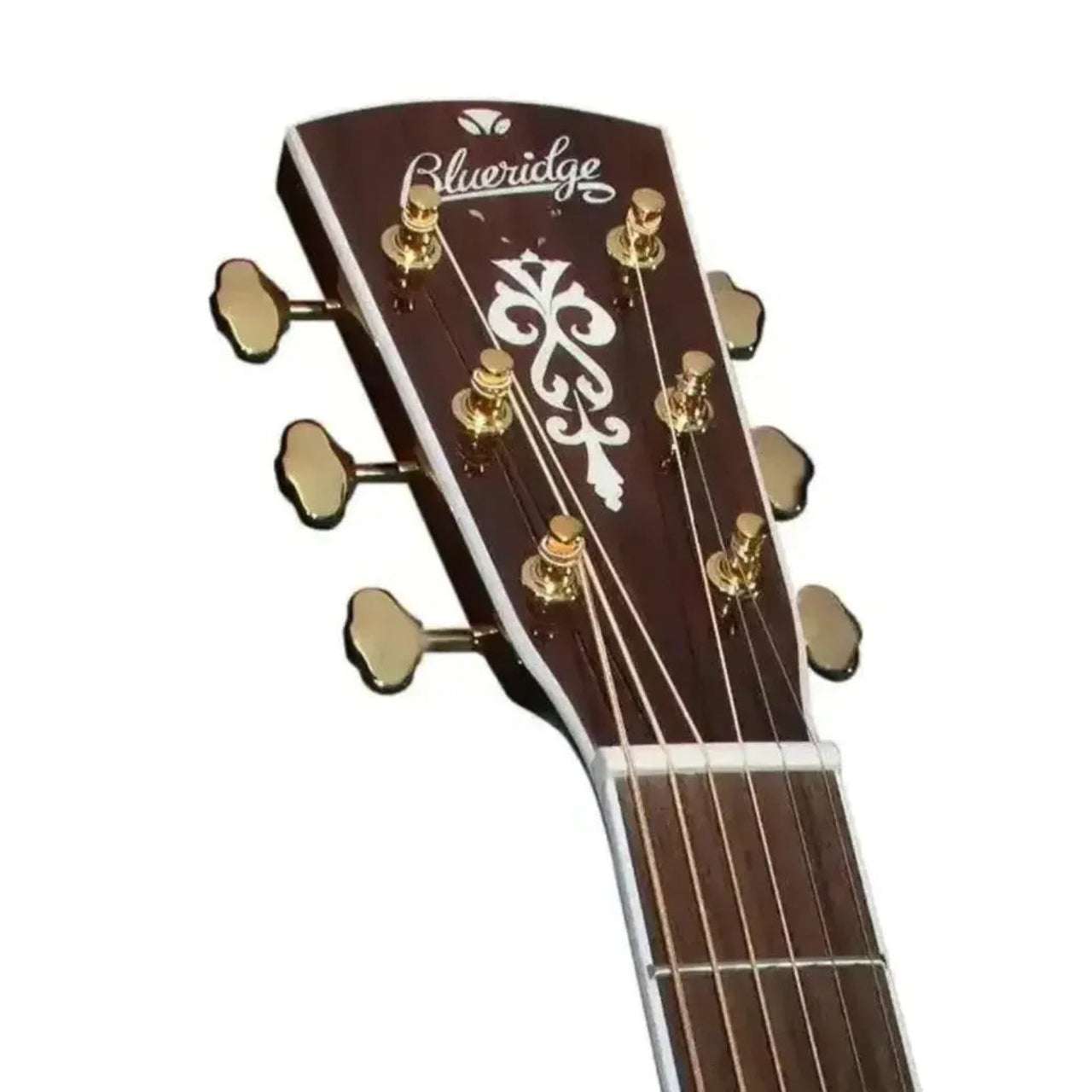 Blueridge BR-70E acoustic-electric dreadnought guitar headstock with gold tuners and white logo.