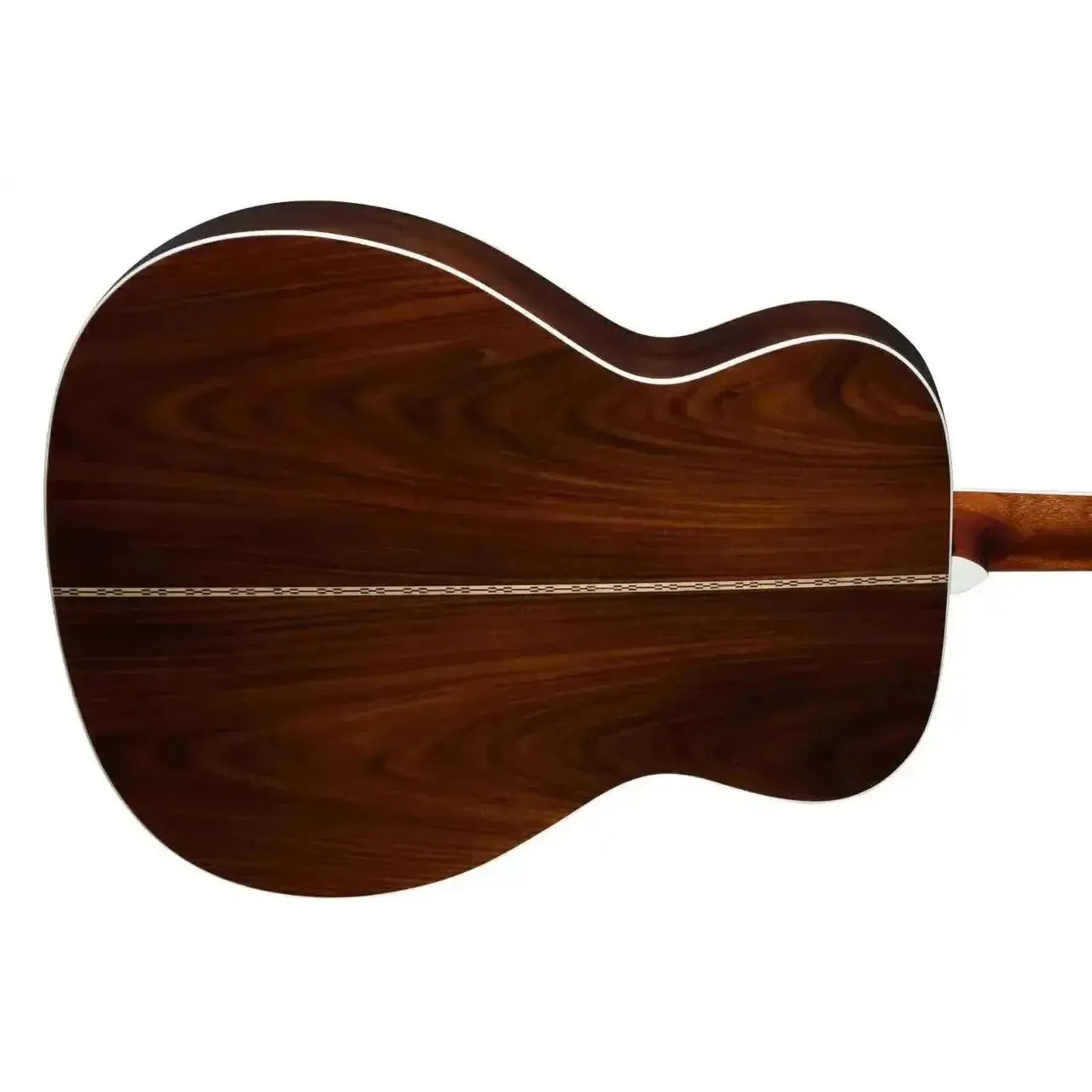 Blueridge BR-73 000 acoustic guitar back with dark Santos rosewood and white binding.
