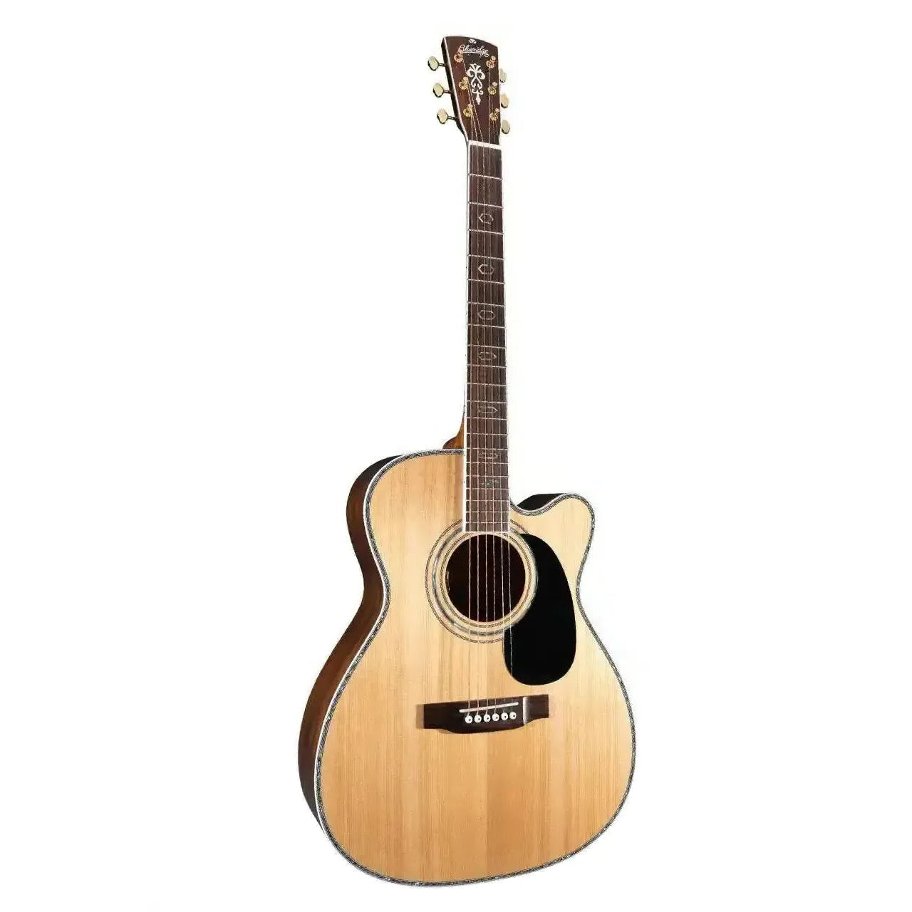 Blueridge BR-73CE 000 acoustic-electric guitar with natural finish, cutaway, and abalone inlay.