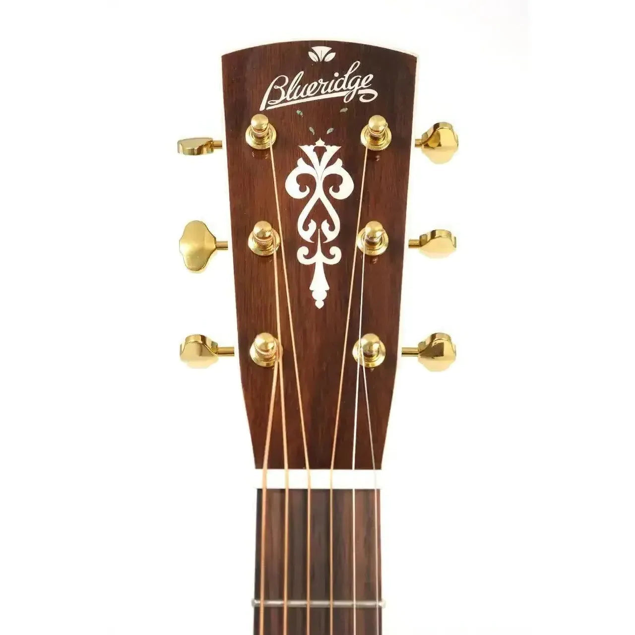 Blueridge BR-73CE acoustic guitar headstock with gold tuners and abalone inlay.