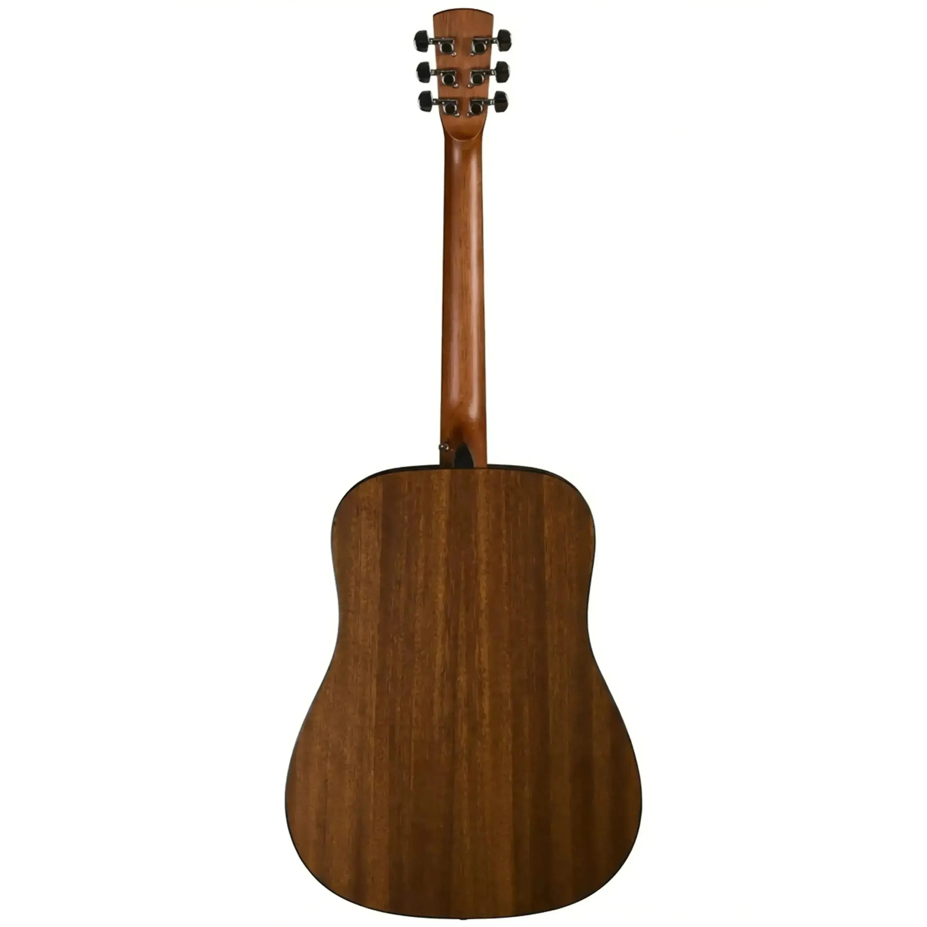 Bristol BD-15 Dreadnought Acoustic Guitar, back view, natural semi-gloss mahogany finish.