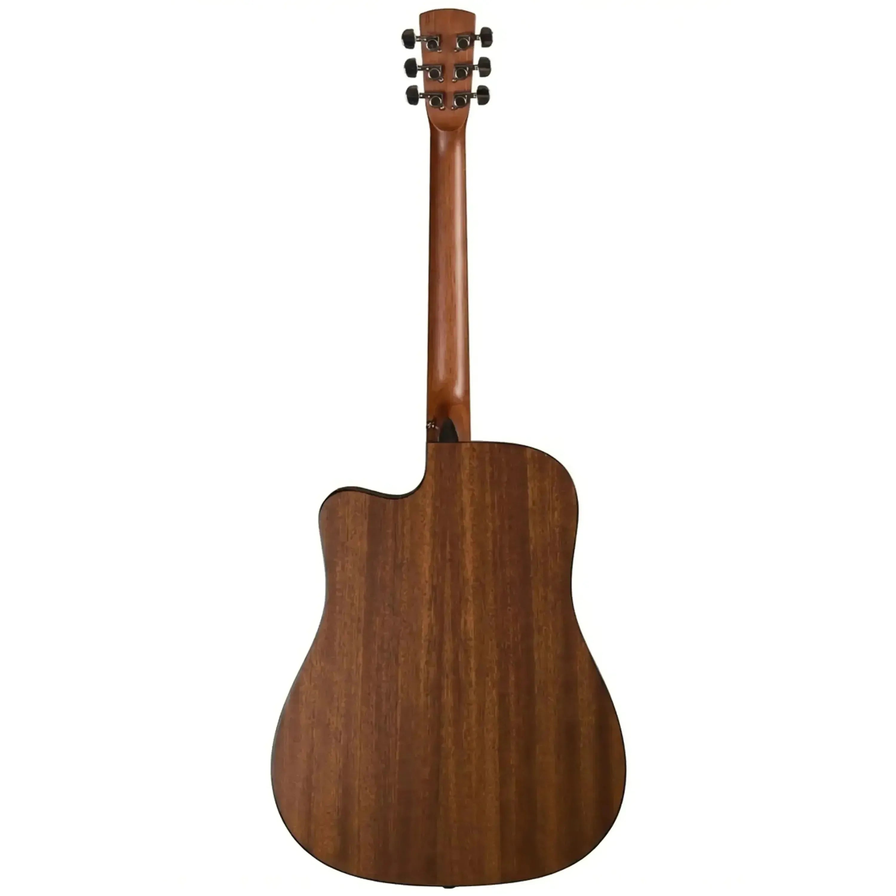Back of a Bristol BD-15CE Dreadnought Acoustic-Electric Guitar with cutaway, showing its mahogany wood grain.