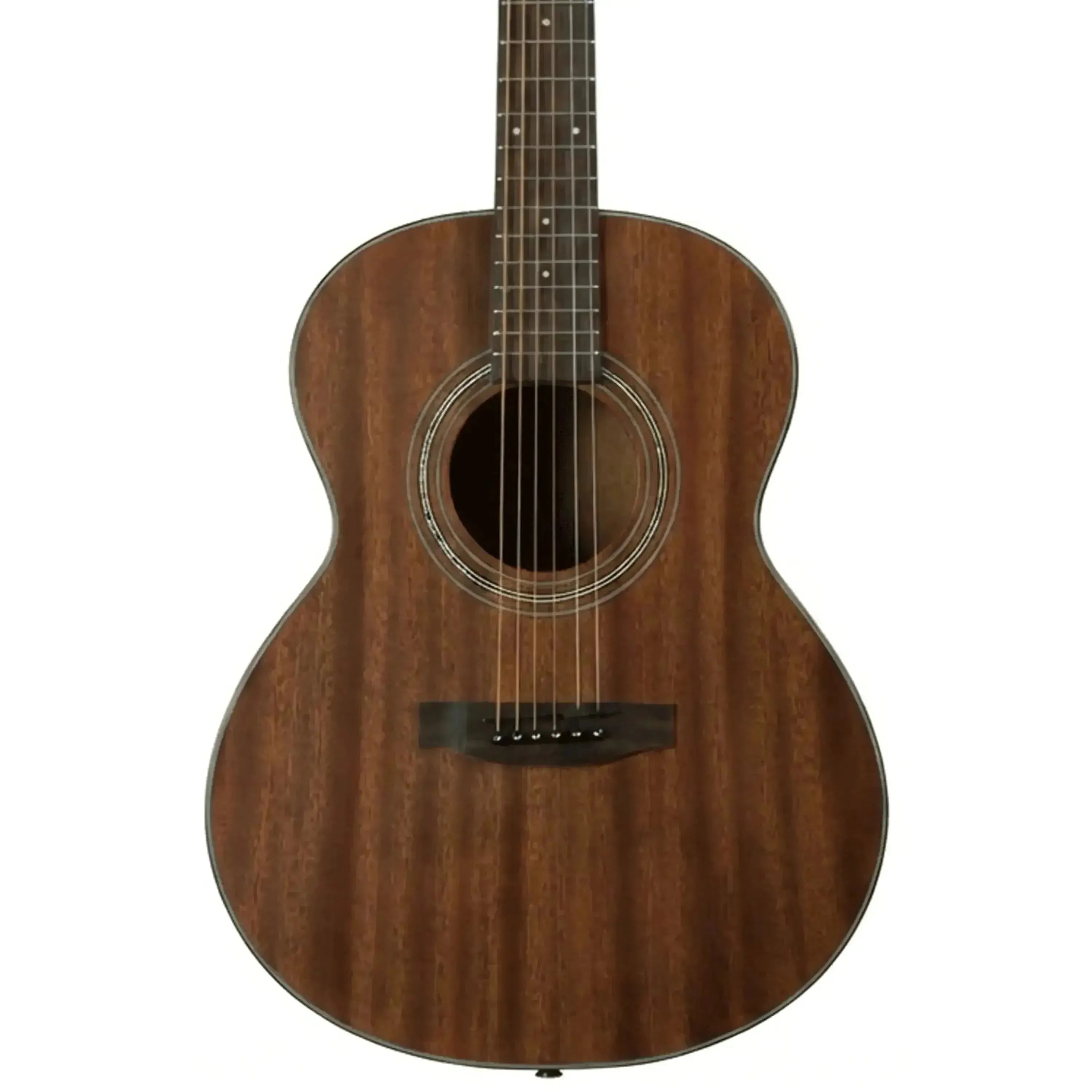 Bristol BF-15 Folk Body Acoustic Guitar, all mahogany, dark brown wood grain, white rosette.