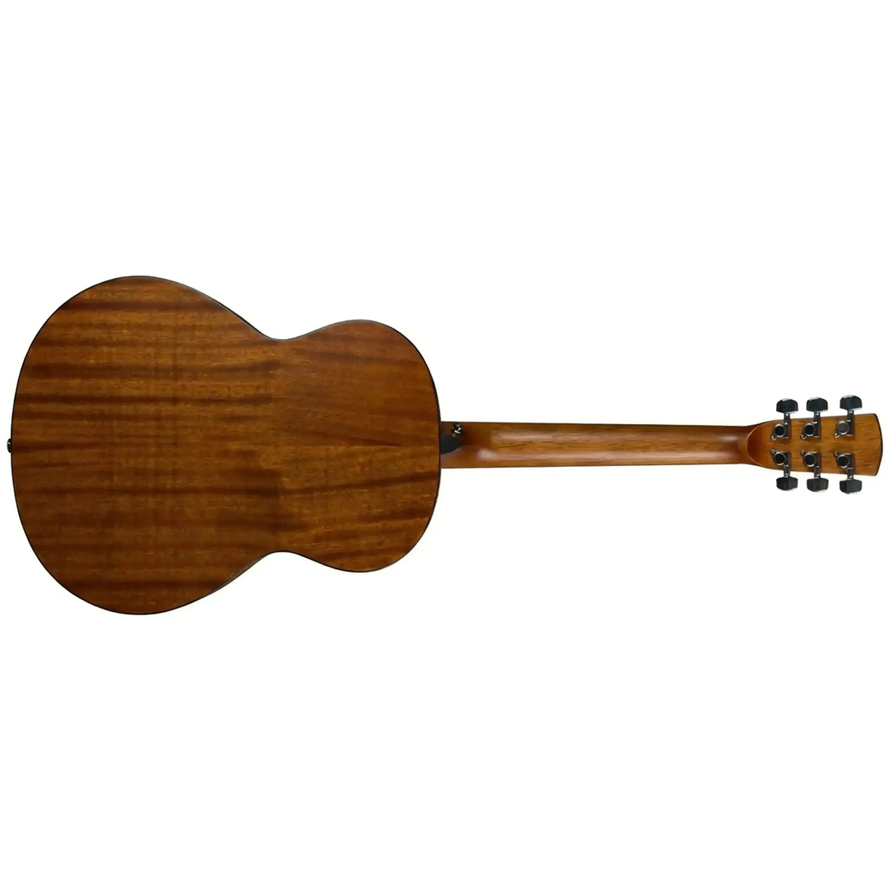 Bristol BF-15 Folk Body Acoustic Guitar, back view, rich mahogany wood grain, slim neck, and dark tuners.