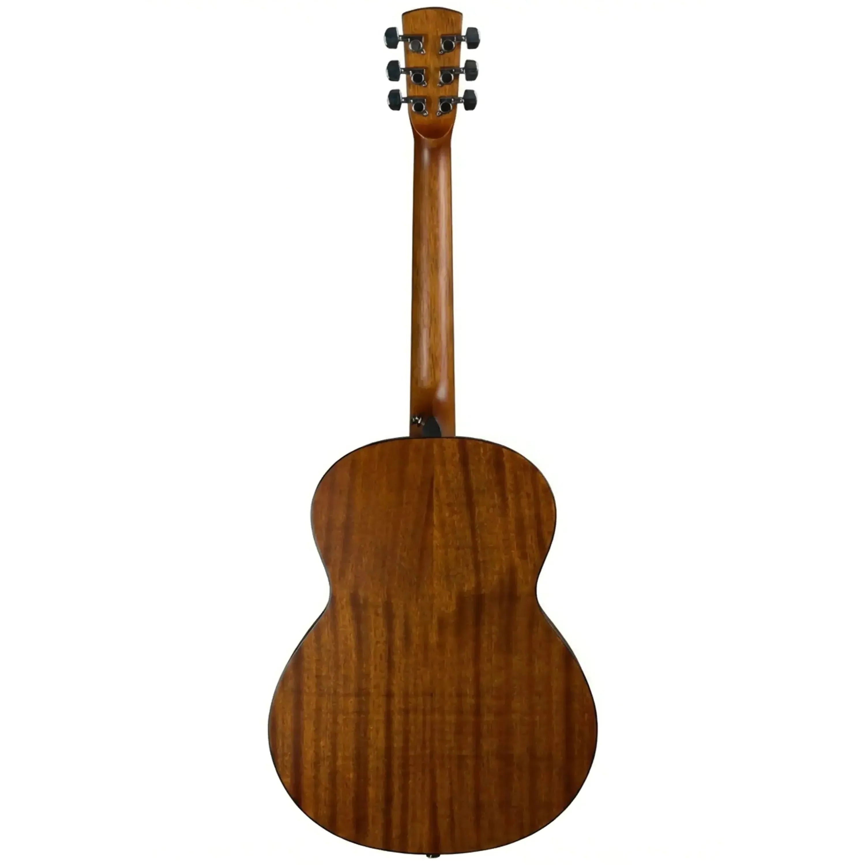 Bristol BF-15 Folk Body Acoustic Guitar, back view, rich mahogany wood grain, slim neck, and dark tuners.