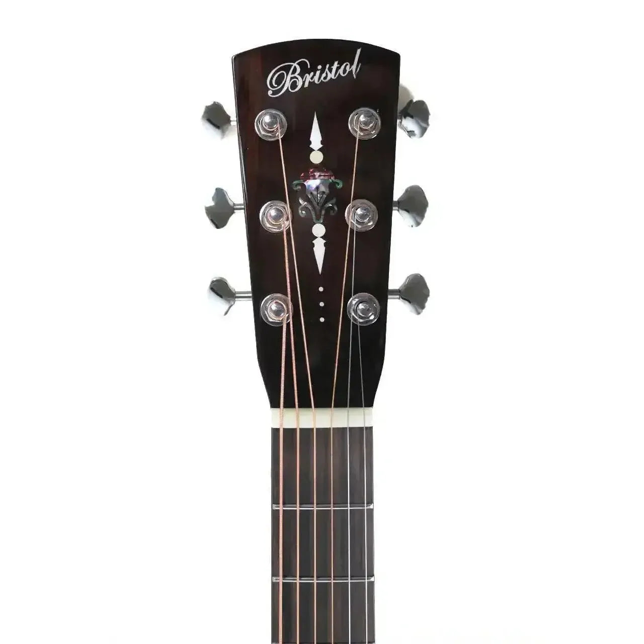 Bristol BL-140 acoustic dreadnought guitar headstock with dark wood, "Bristol" logo, and chrome tuners.