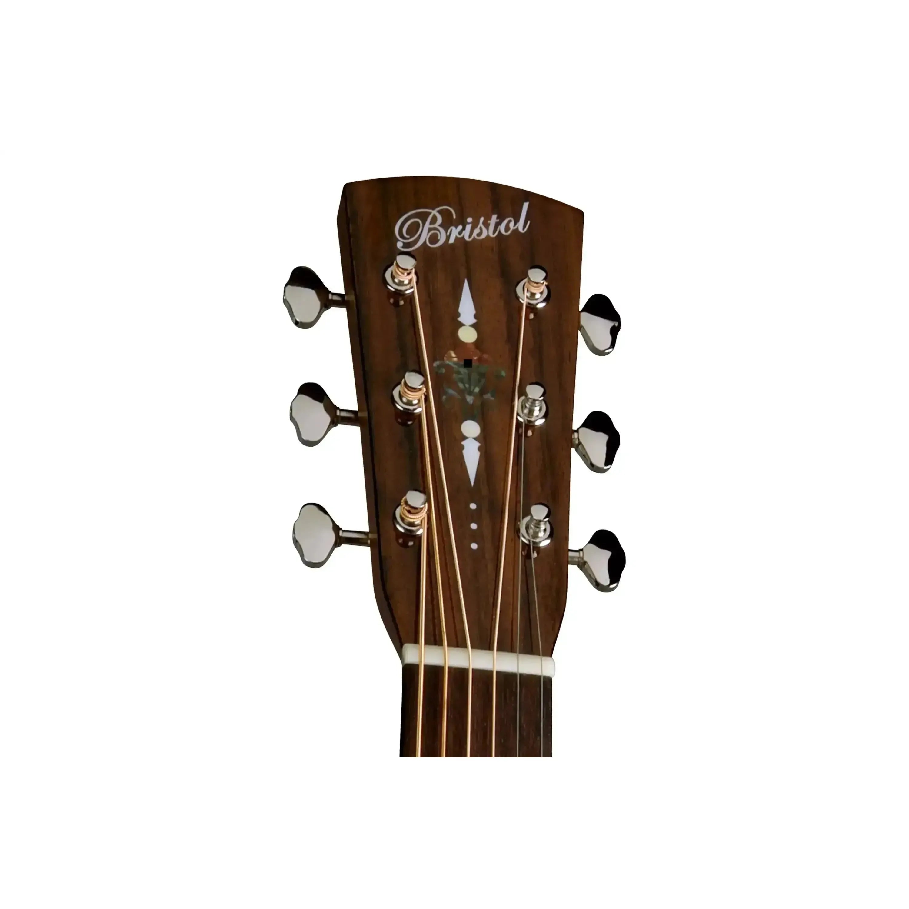 Bristol BL-140E acoustic guitar headstock with "Torch" inlay and vintage-style nickel tuners.