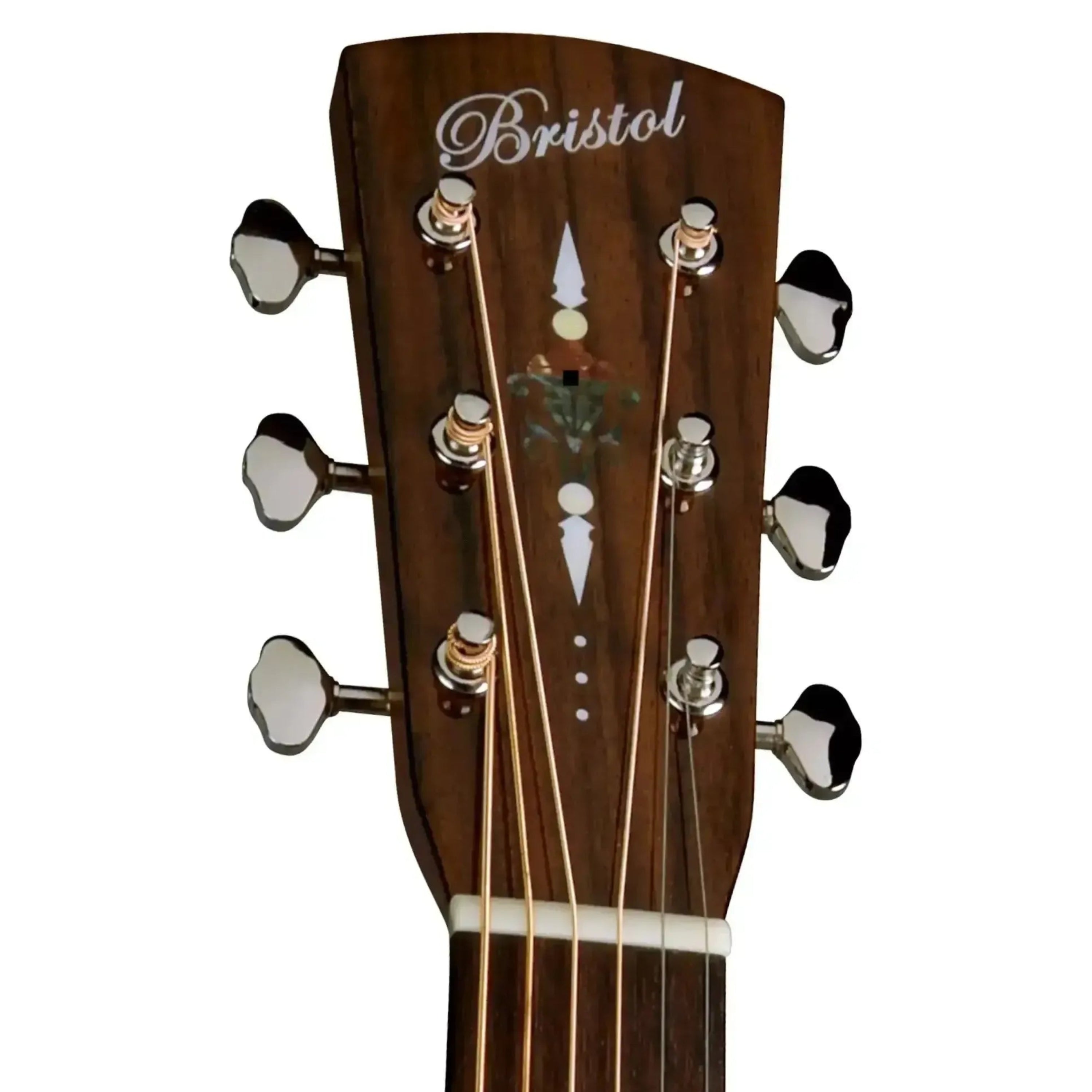 Bristol BL-140E acoustic guitar headstock with "Torch" inlay and vintage-style nickel tuners.