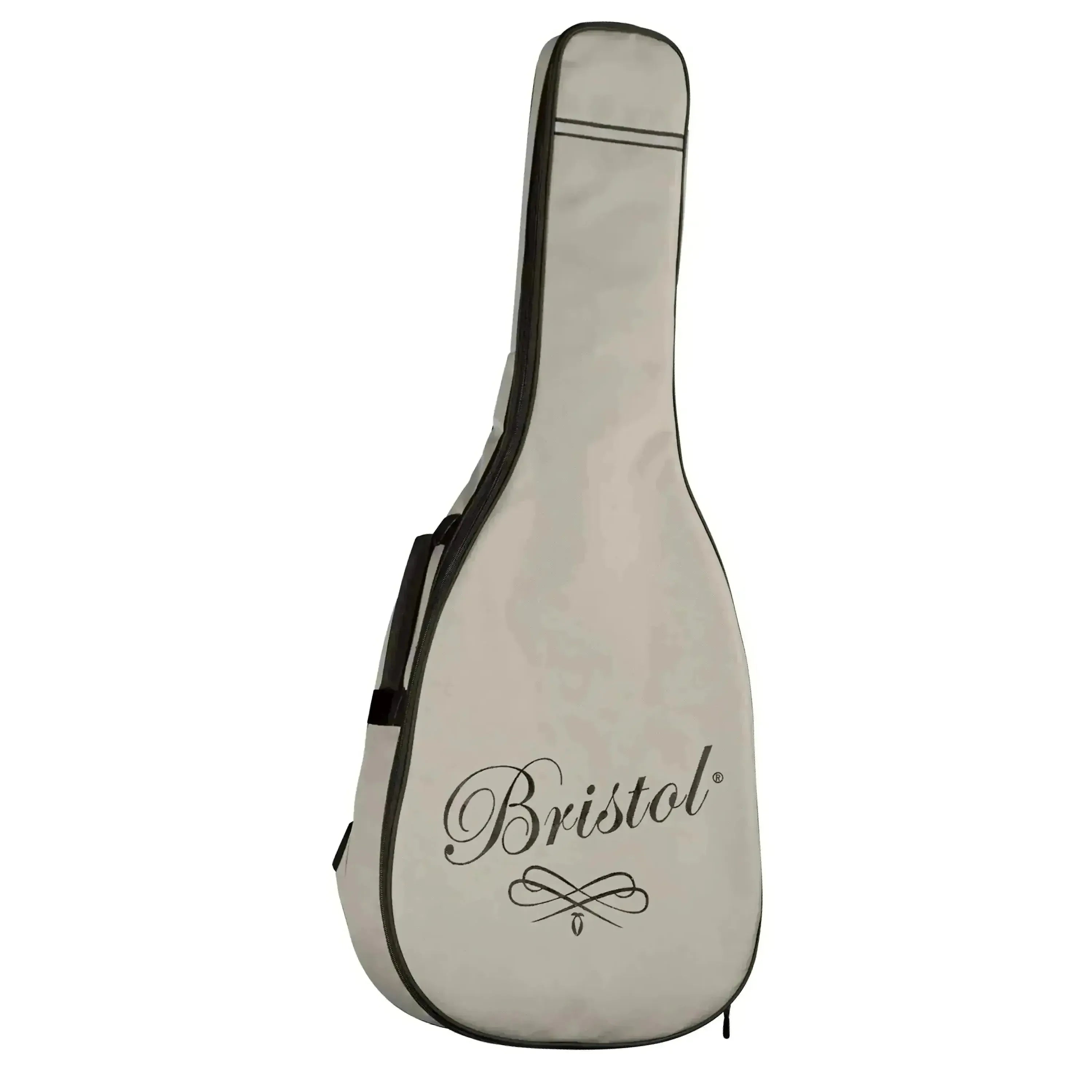 Bristol light grey soft guitar case with black trim and "Bristol" logo.